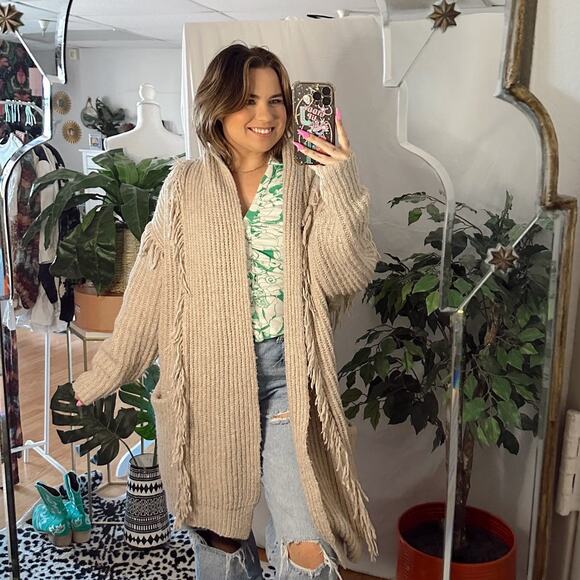 Anthropologie Amanza Oversized Fringed Open Front Cardigan Beige Size XS/S - Picture 1 of 5